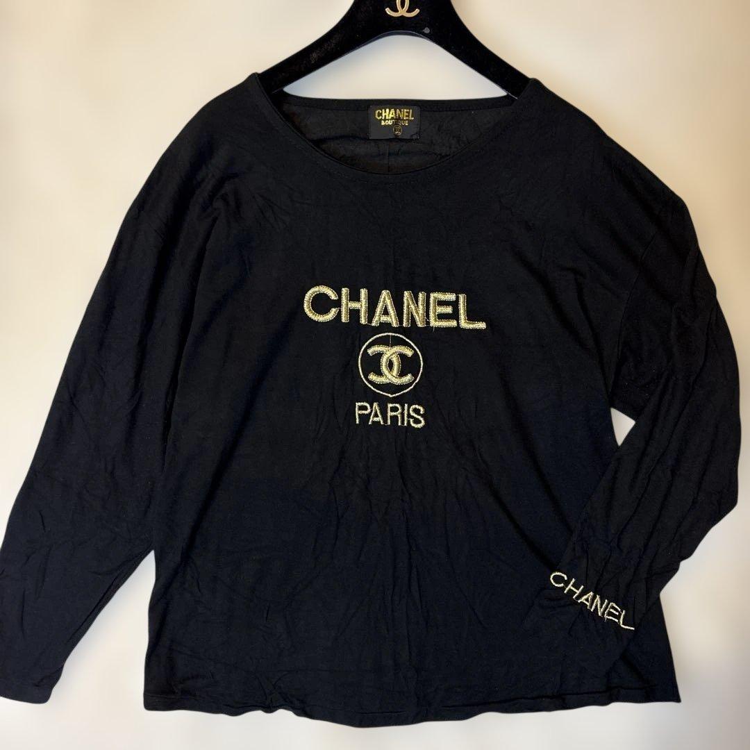 90s CHANEL 黒 長袖Tシャツ ロングTシャツ シャネルロゴ