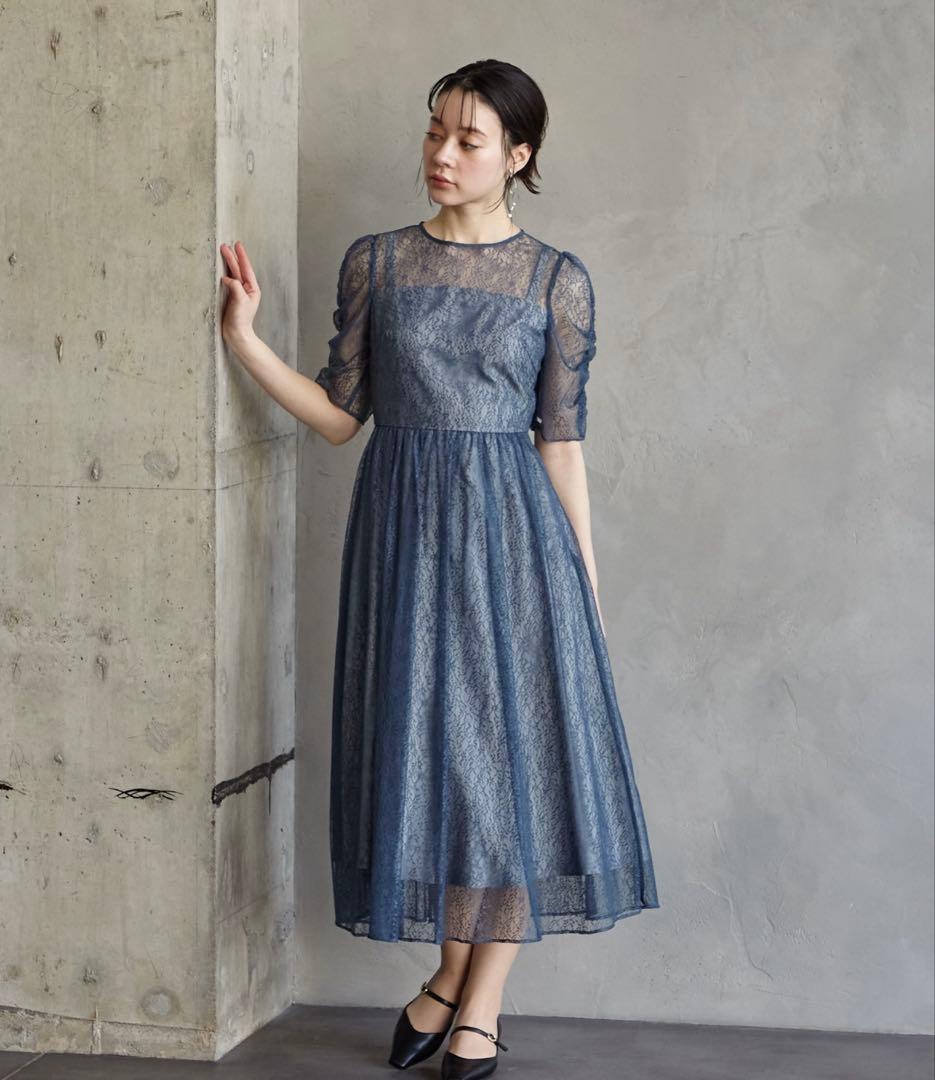 ギャザースリーブレースアップパーティードレス