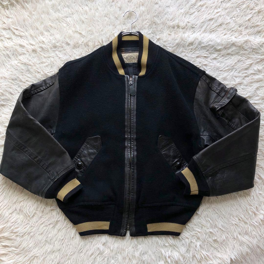 【美品 本人期 L位】ムッシュニコル　スタジャン　黒　アーチロゴ　袖レザー　本革