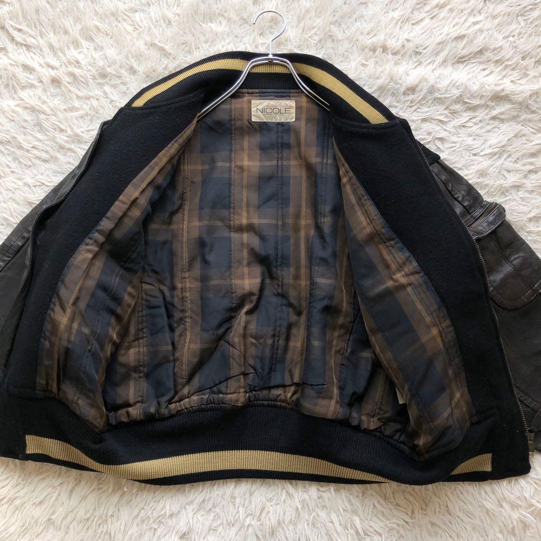 【美品 本人期 L位】ムッシュニコル　スタジャン　黒　アーチロゴ　袖レザー　本革