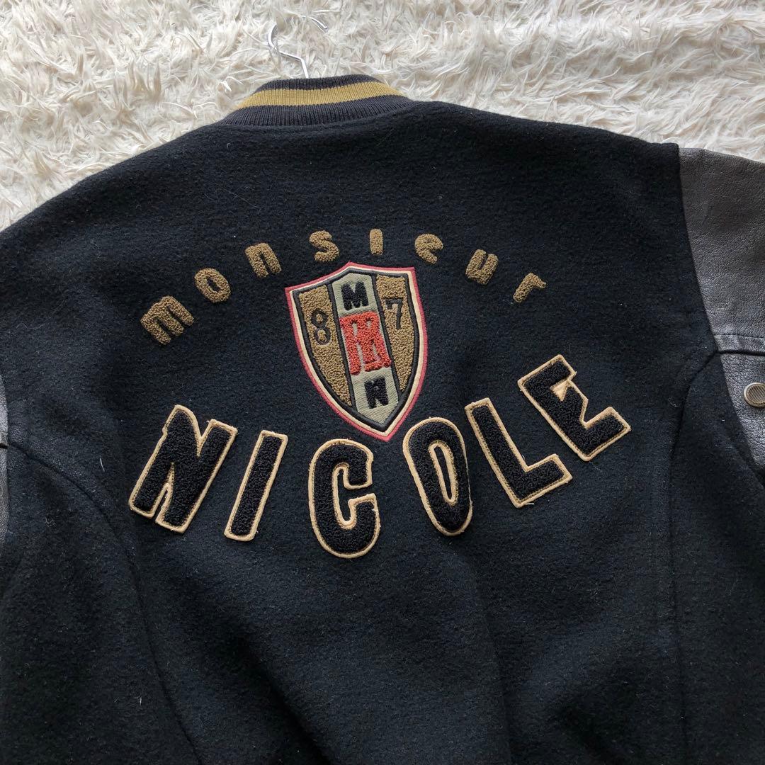 【美品 本人期 L位】ムッシュニコル　スタジャン　黒　アーチロゴ　袖レザー　本革