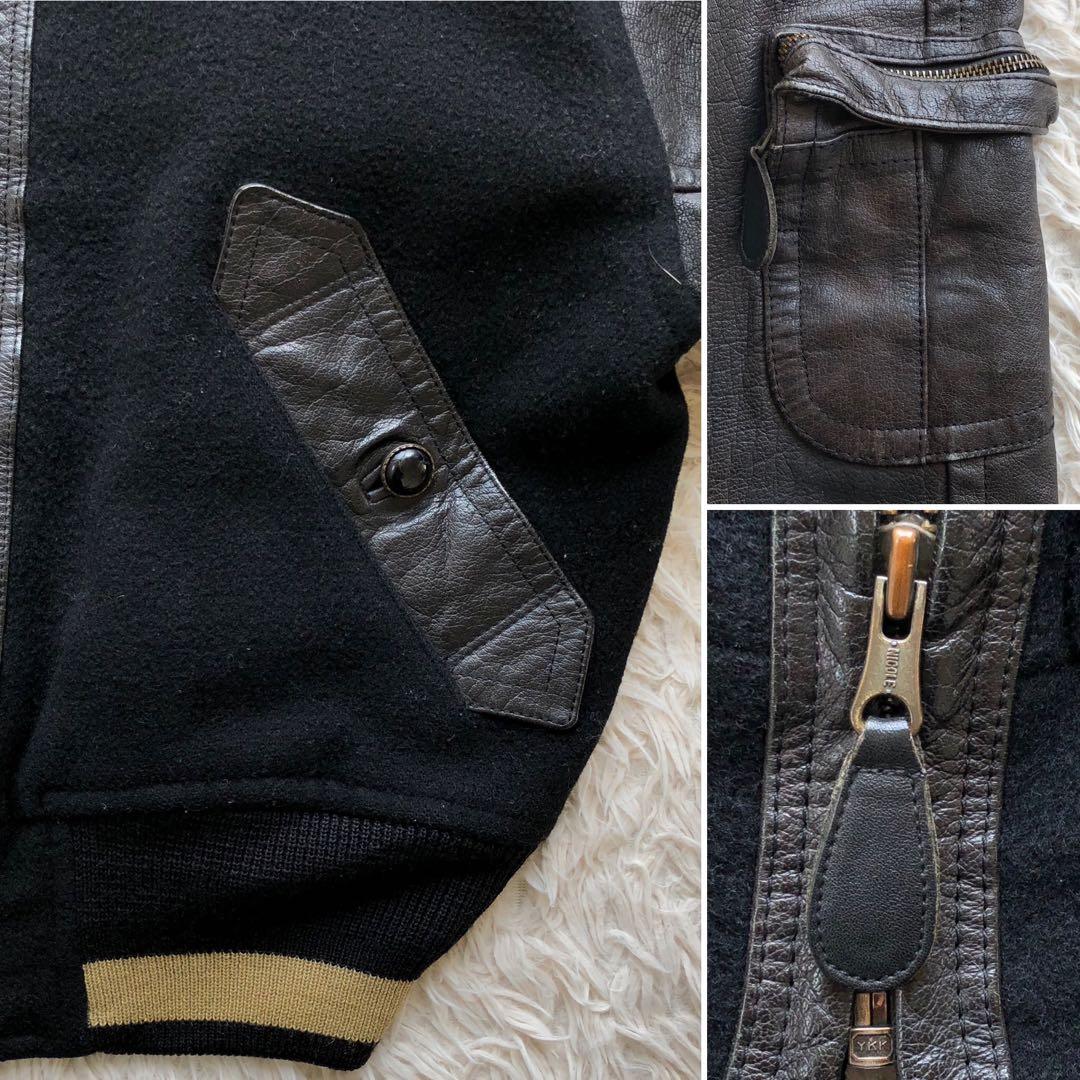 【美品 本人期 L位】ムッシュニコル　スタジャン　黒　アーチロゴ　袖レザー　本革