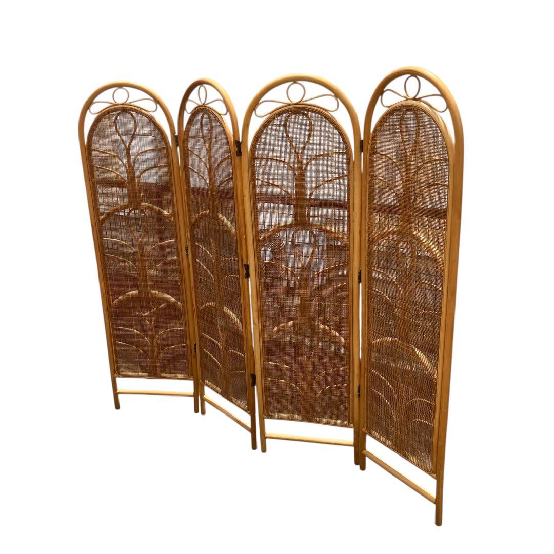 昭和レトロ エスニック 4連 ラタンパーテーション 間仕切り 衝立 アジアン 籐