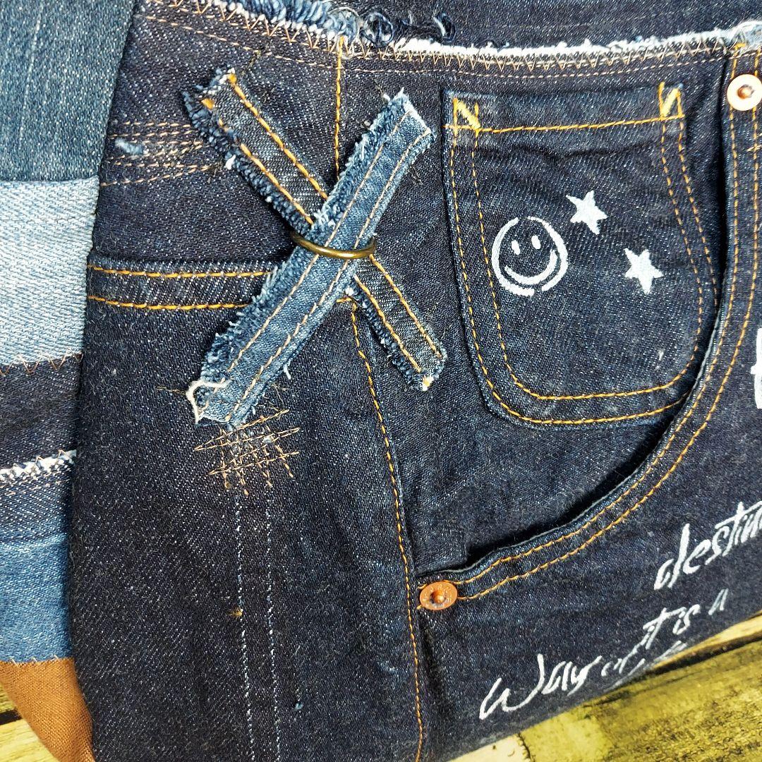 刺繍デニムバック　No.662　デニムリメイク　刺繍バック　サイドポケット