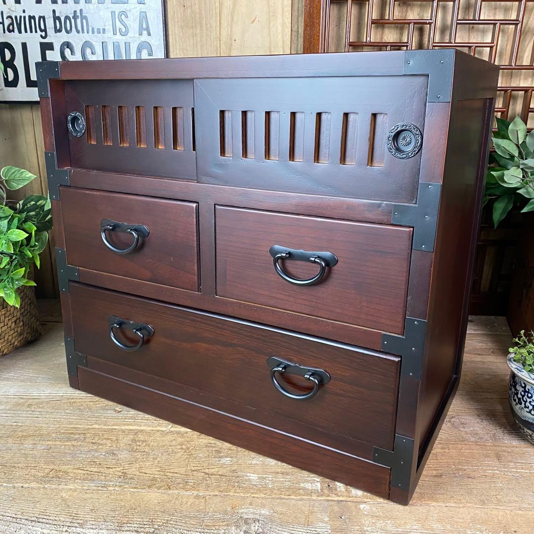 訳あり品！【75】民芸木製桐材天然無垢和箪笥引き戸付き収納家具和タンス飾り棚和室