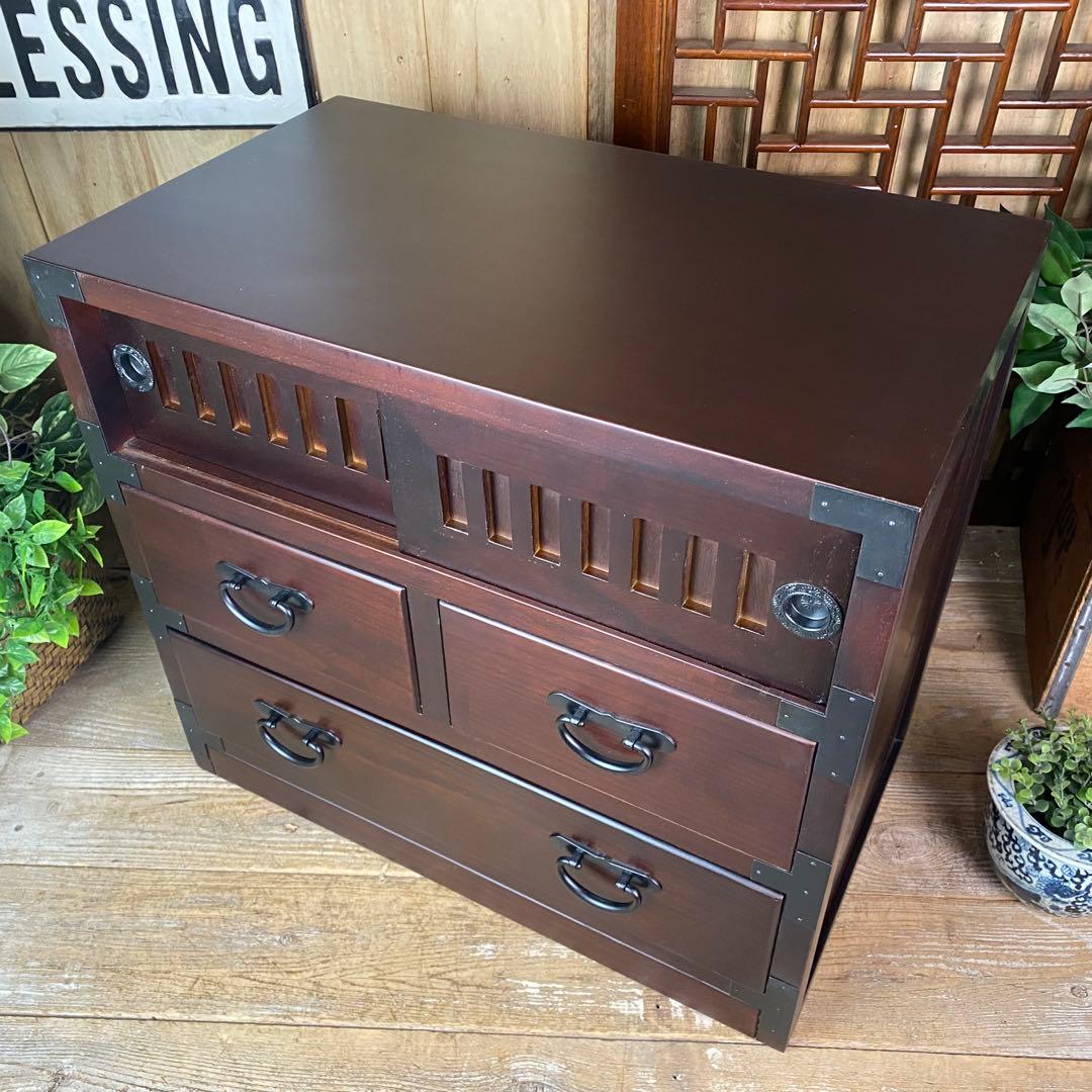 訳あり品！【75】民芸木製桐材天然無垢和箪笥引き戸付き収納家具和タンス飾り棚和室