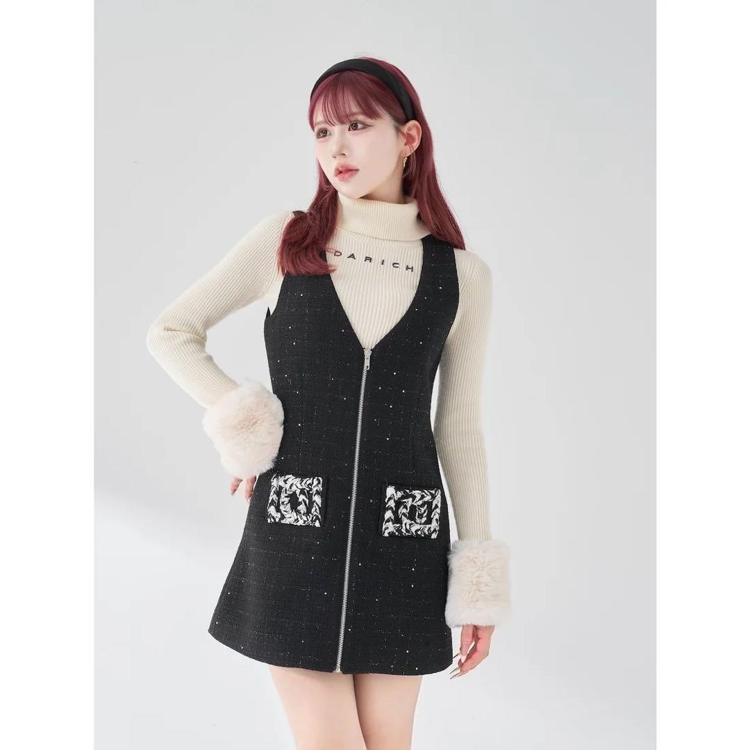 darich フロントファスナーツイードミニワンピース BLK