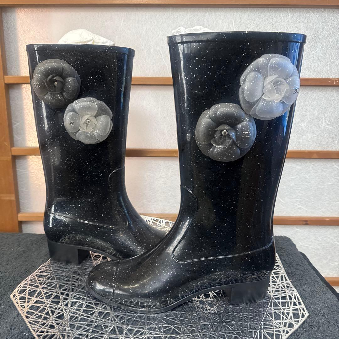 【正規品】希少 ラメ CHANEL 長靴 ブラック カメリア シャネル 38