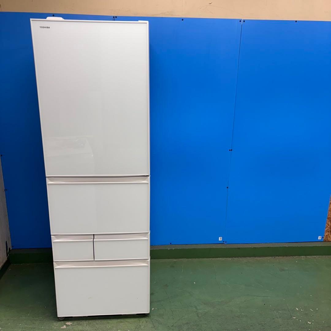 670 東芝大型冷蔵庫　400L強　小型　右開き　ガラスパネル　5ドア　ホワイト