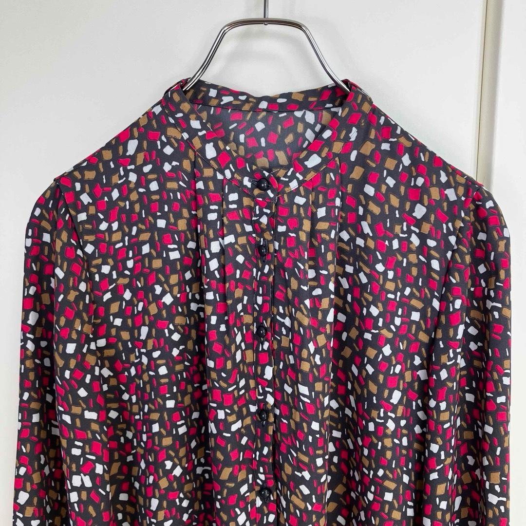 アナイ イレギュラースクエアプリントタイ付き ブラウス チャコールグレー 38