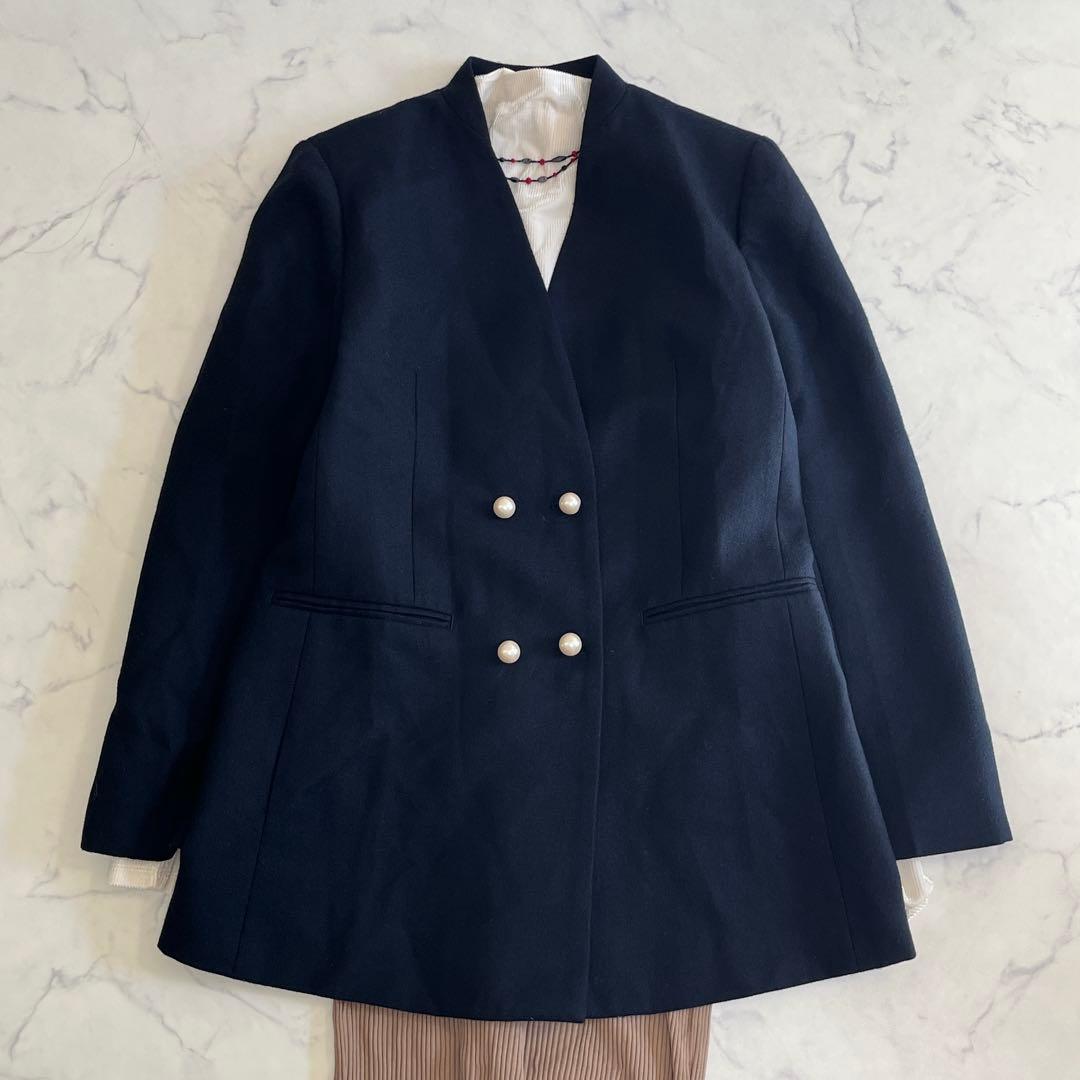 人気✨ルーニィ パールボタンジャケット ノーカラー ジャコット 紺38