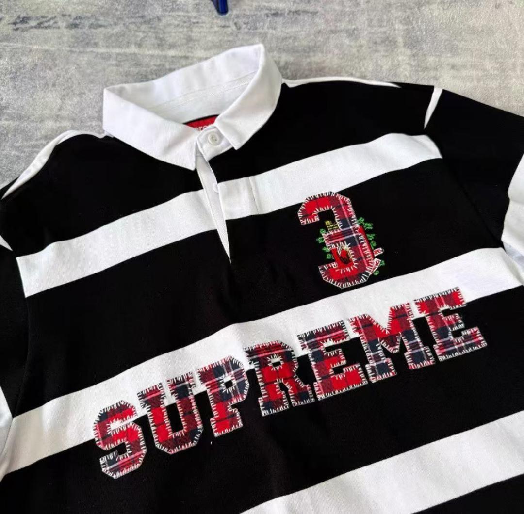 美品Supreme ラガーシャツ M 黒/白 ストライプ