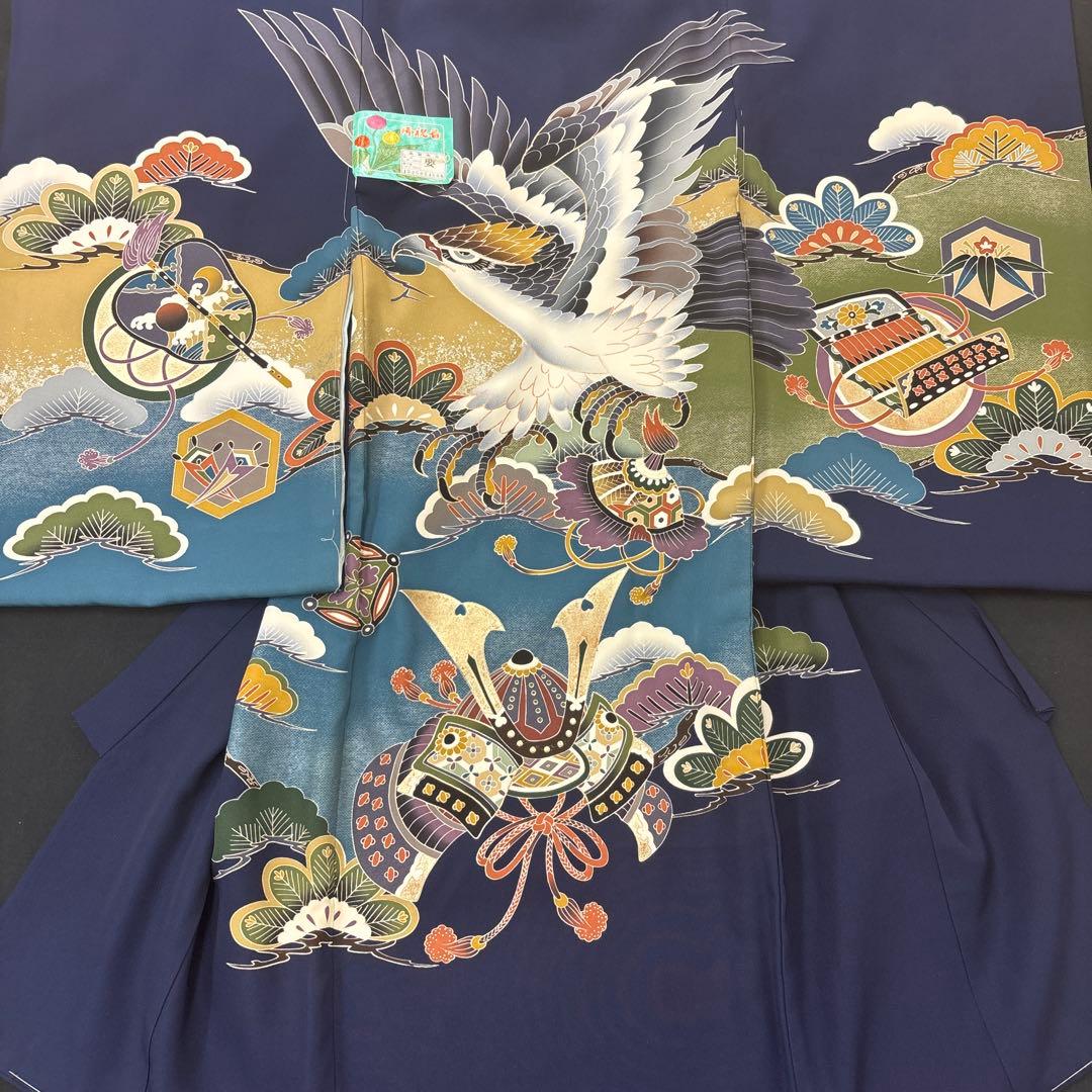 新品「最高級品」男子正絹産着祝着京友禅大鷹多色手描き染、特選豪華金銀彩大将兜文