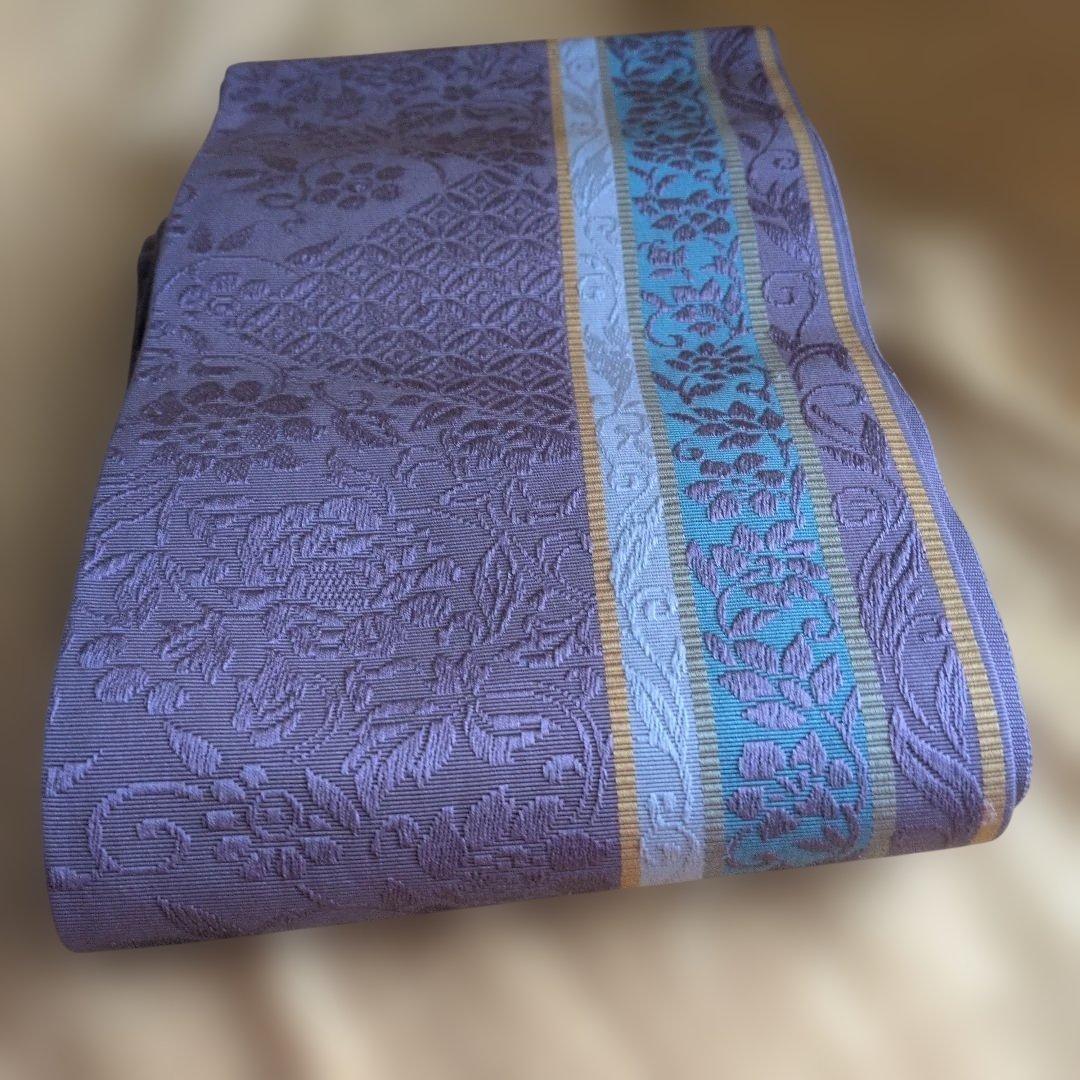 ふわり本場筑前博多織　半幅帯　小袋帯　灰紫　花唐草模様　織り出し　正絹