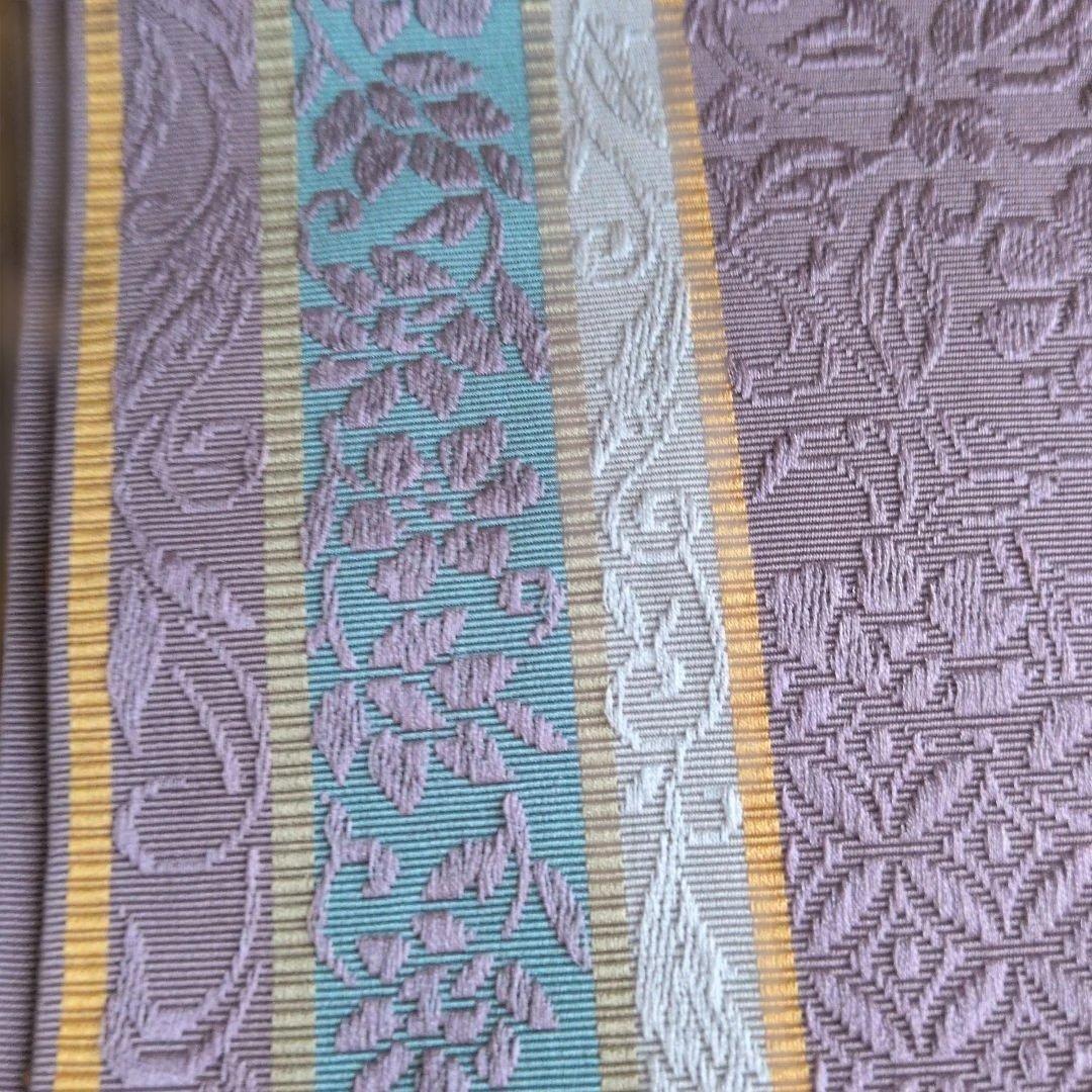 ふわり本場筑前博多織　半幅帯　小袋帯　灰紫　花唐草模様　織り出し　正絹