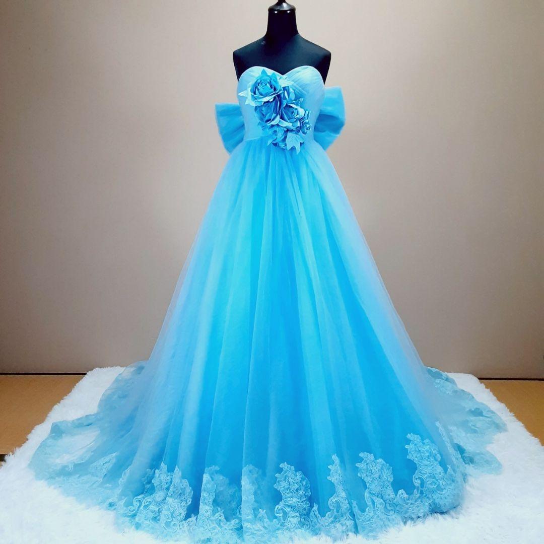 希少デザイン◎カラードレス ストラップレス 青 フラワー装飾 Aライン 付属品付