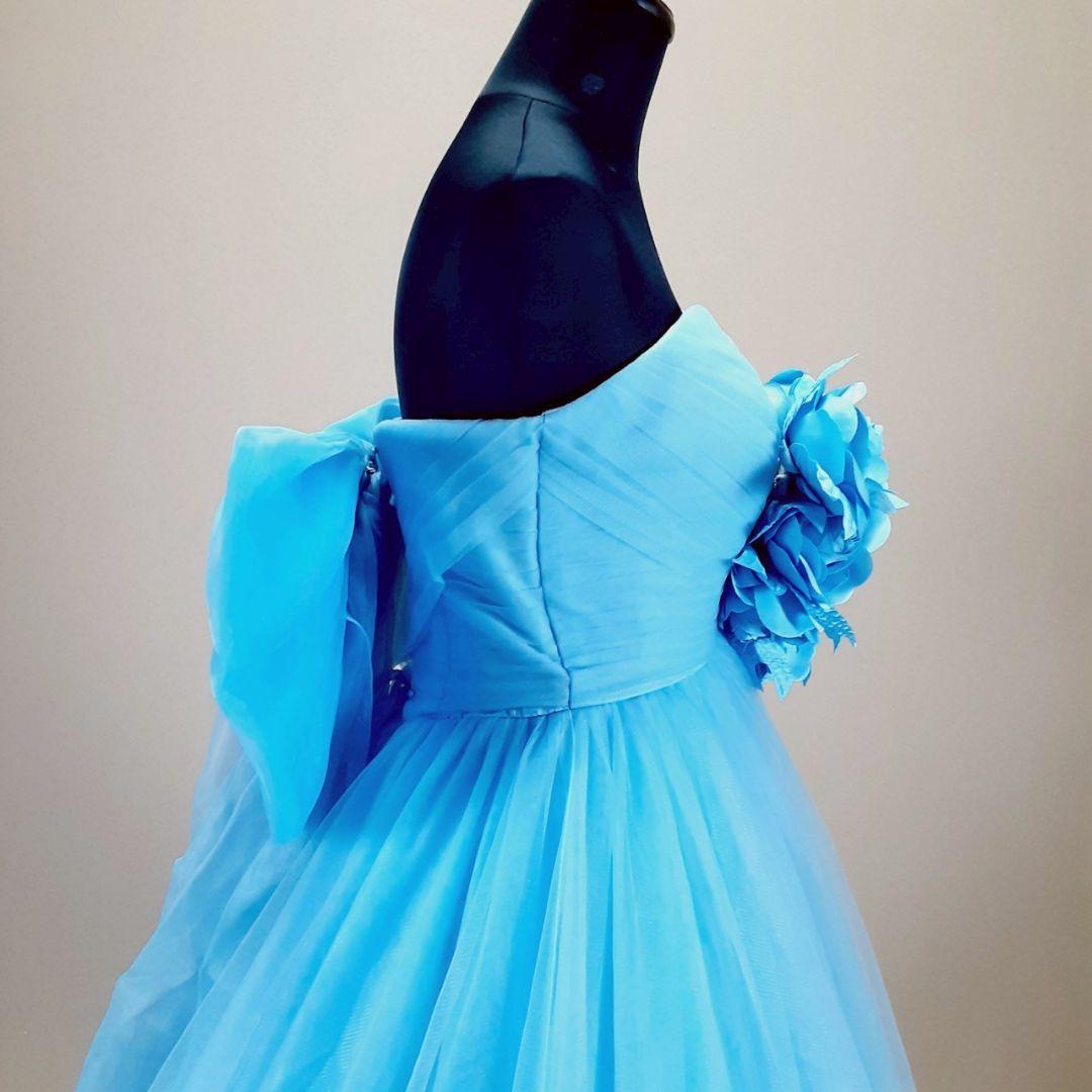 希少デザイン◎カラードレス ストラップレス 青 フラワー装飾 Aライン 付属品付