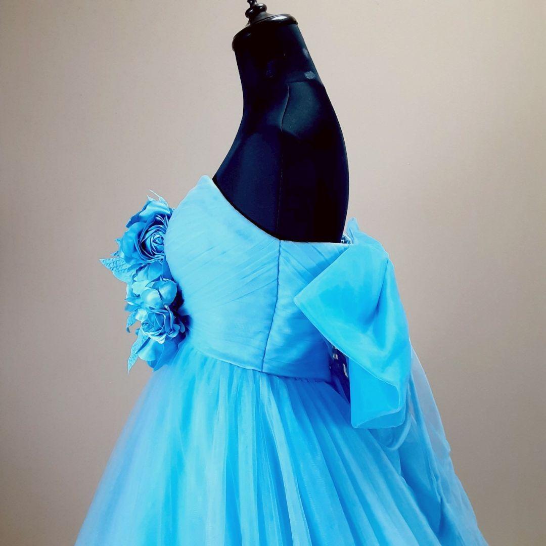 希少デザイン◎カラードレス ストラップレス 青 フラワー装飾 Aライン 付属品付