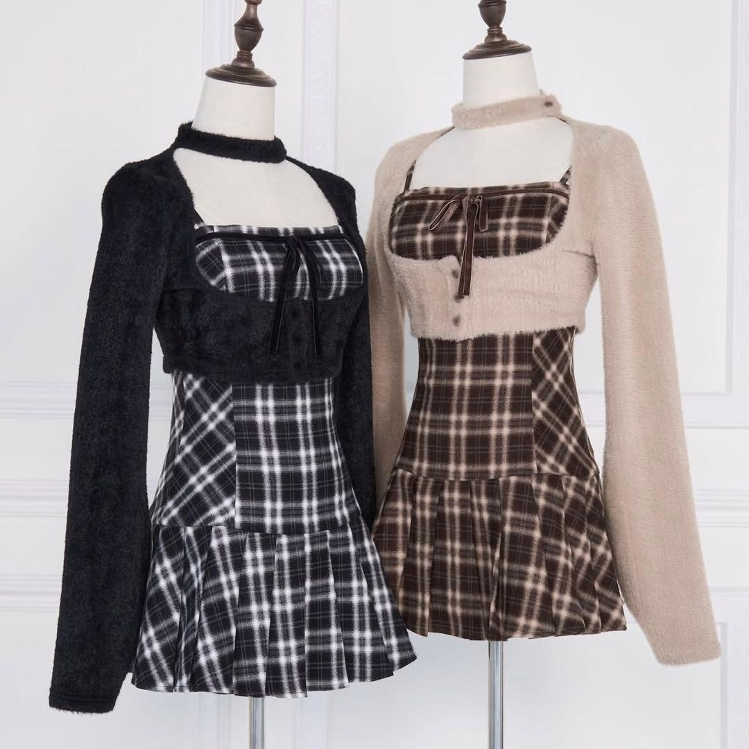 BunnyLis nogenki ファーボレロ×チェックミニワンピ ブラック S