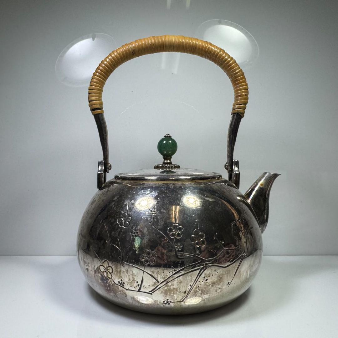 純銀製 銀祥堂造 梅彫 貴石摘 湯沸 古美術品 銀瓶 純銀保証