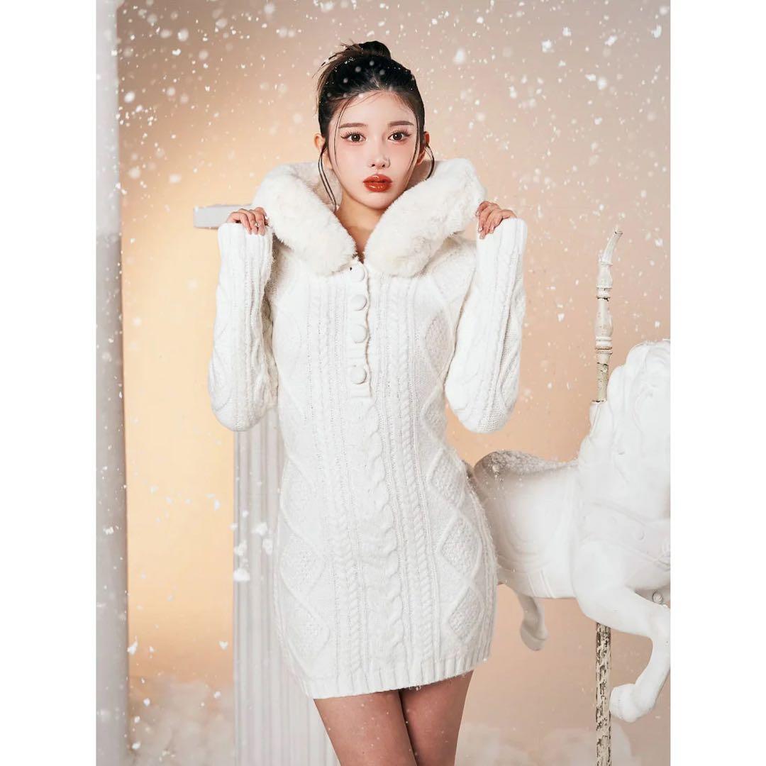 新品タグ付き ダーリッチ フードファーケーブルニットミニワンピース グレー FL