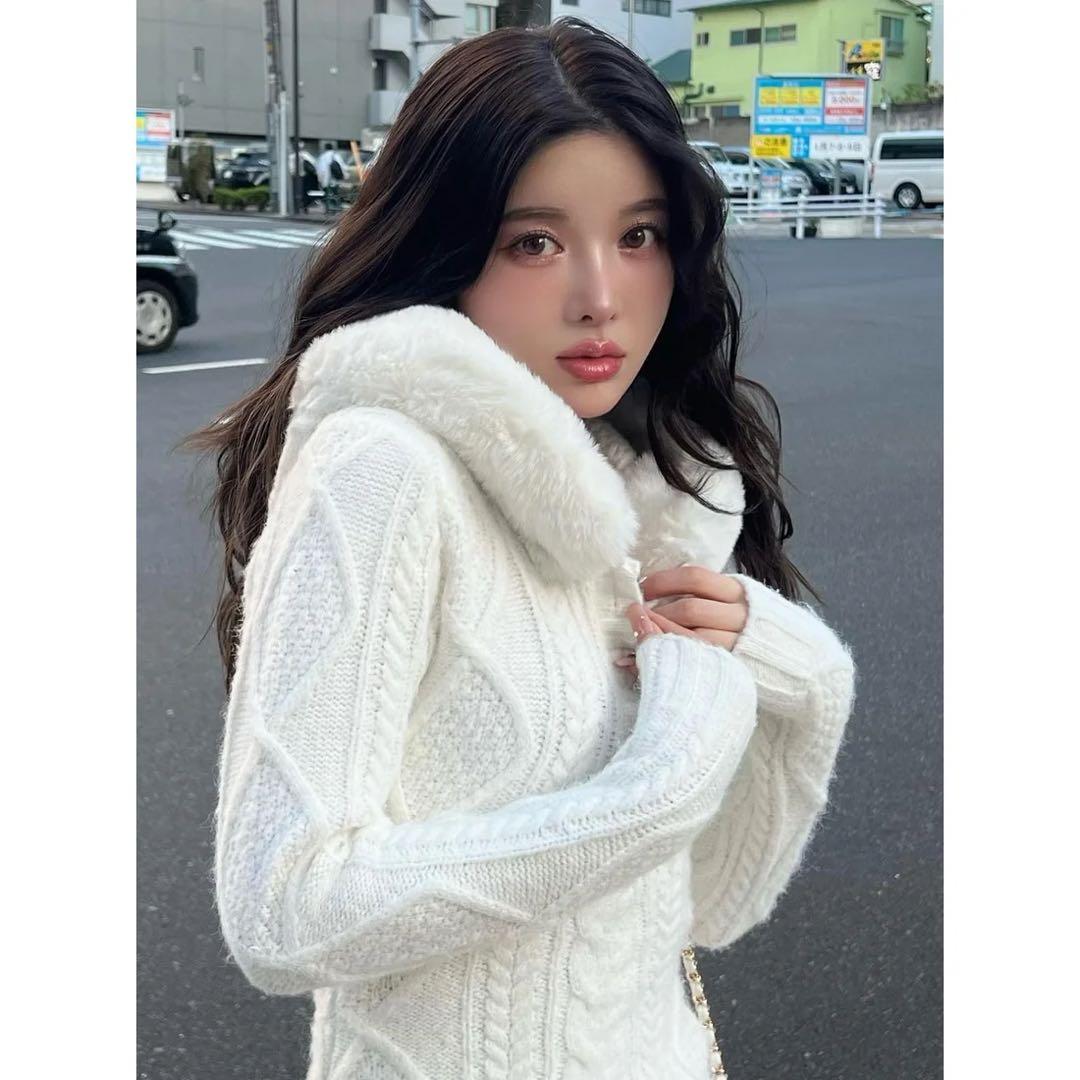 新品タグ付き ダーリッチ フードファーケーブルニットミニワンピース グレー FL