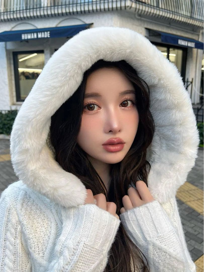 新品タグ付き ダーリッチ フードファーケーブルニットミニワンピース グレー FL