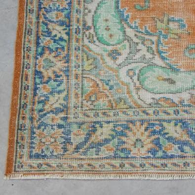 トルコ ヴィンテージラグ A79 大判 オレンジ ターコイズ ネイビー