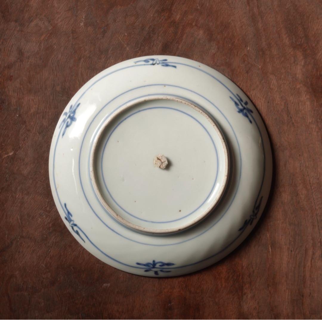 江戸時代　前期　古伊万里　藍九谷　染付　葡萄文　漢詩　皿　五寸皿　飾皿　額皿