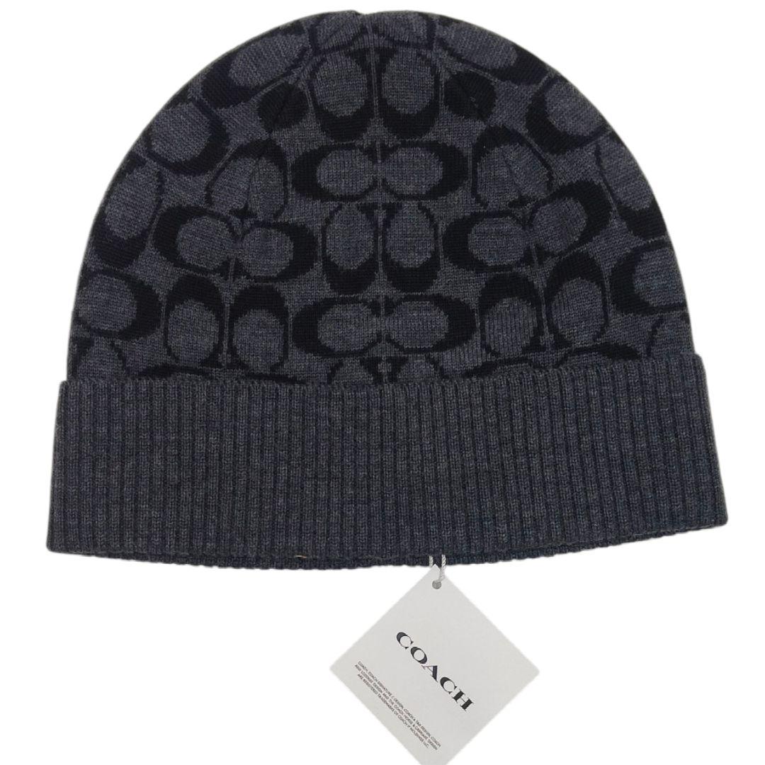 【人気モデル】コーチ ビーニー ニット帽 COACH シグネチャー柄 高級 黒系