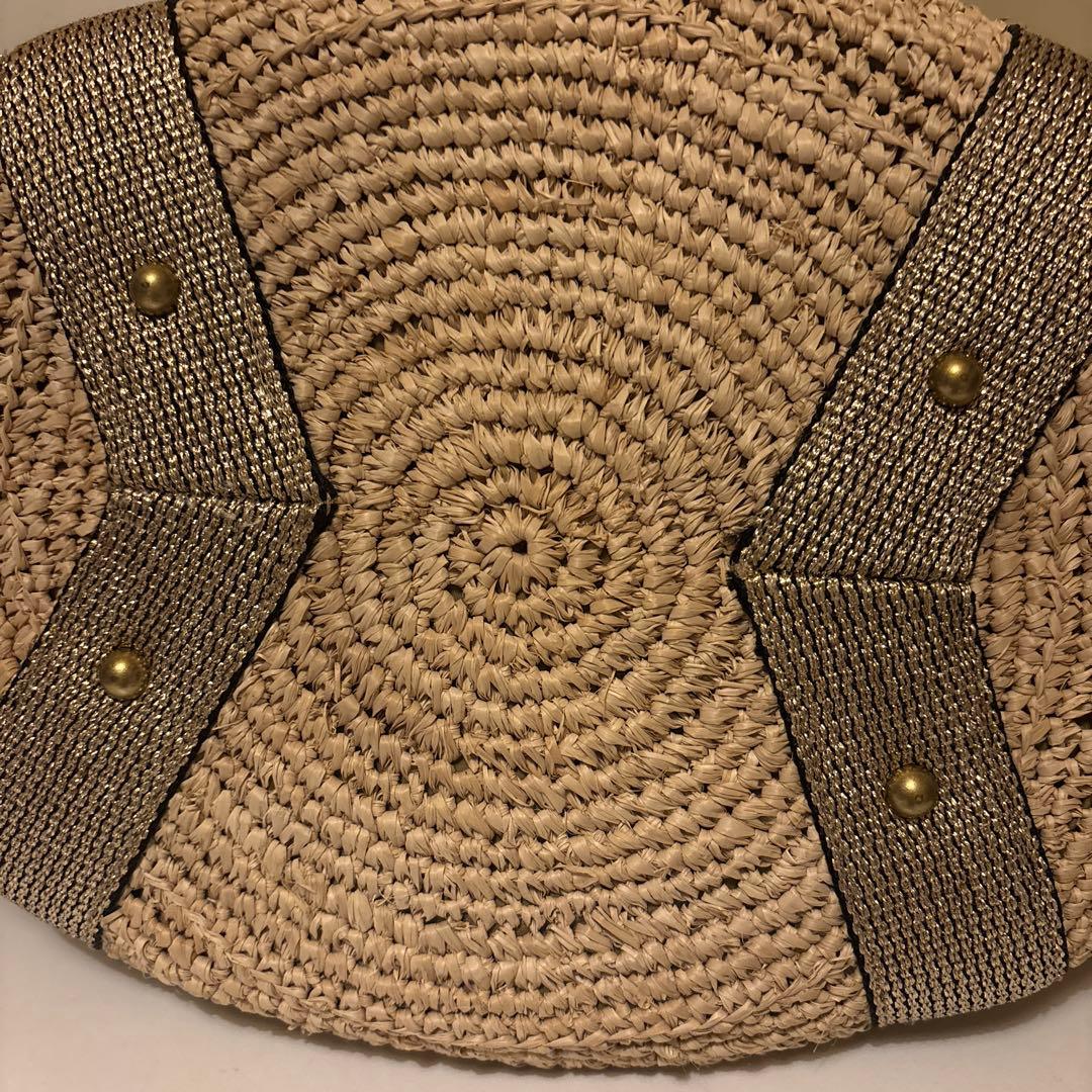 ベージュ ストロー トートバッグ タッセル付き