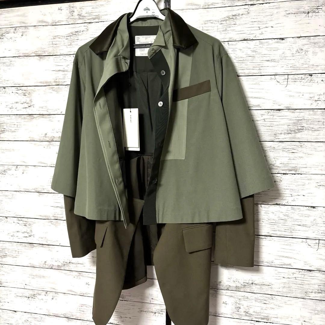 新品 sacai サカイ オリーブグリーン スーチングレイヤードジャケット