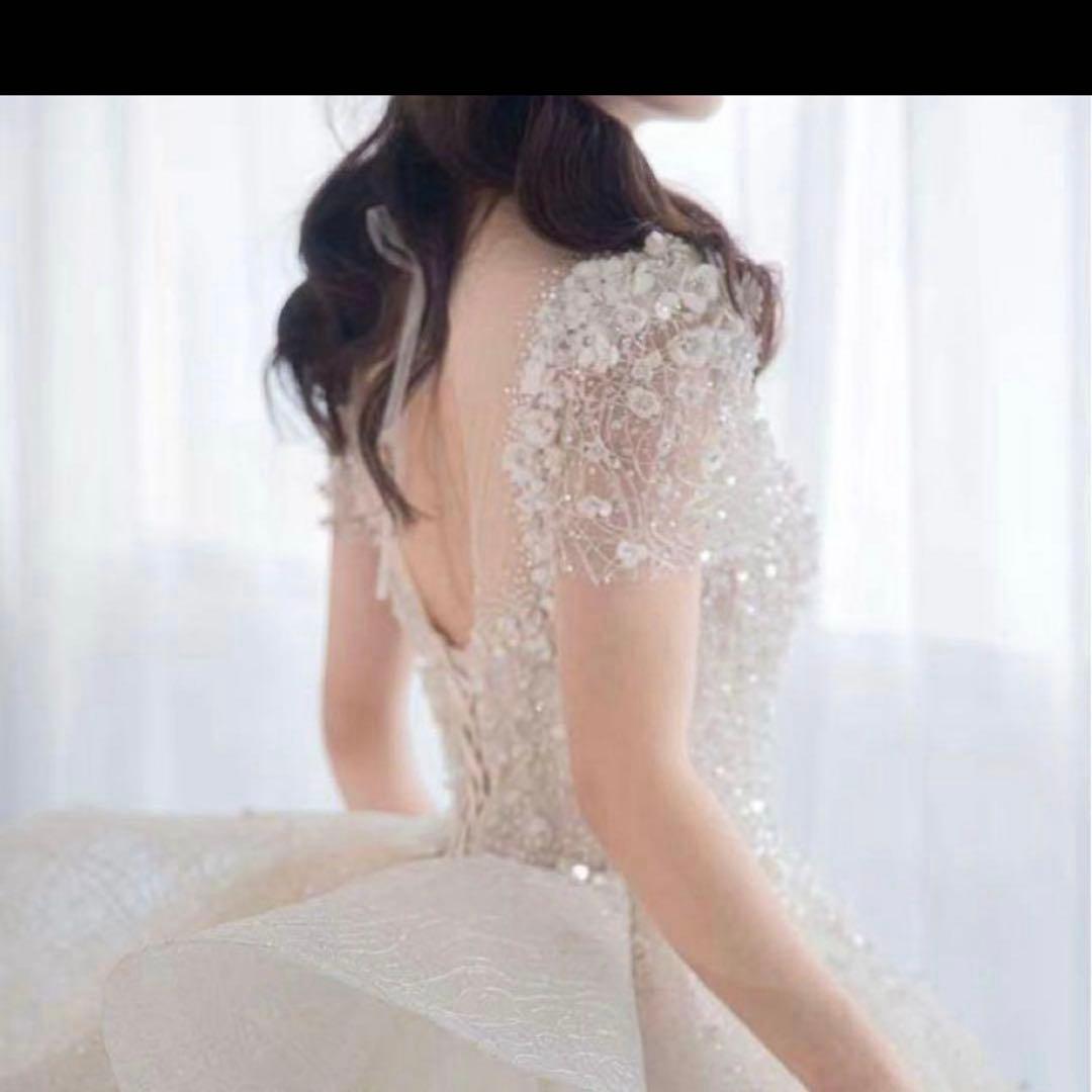 Aラインキラキラ韓国風ウェディングドレス
