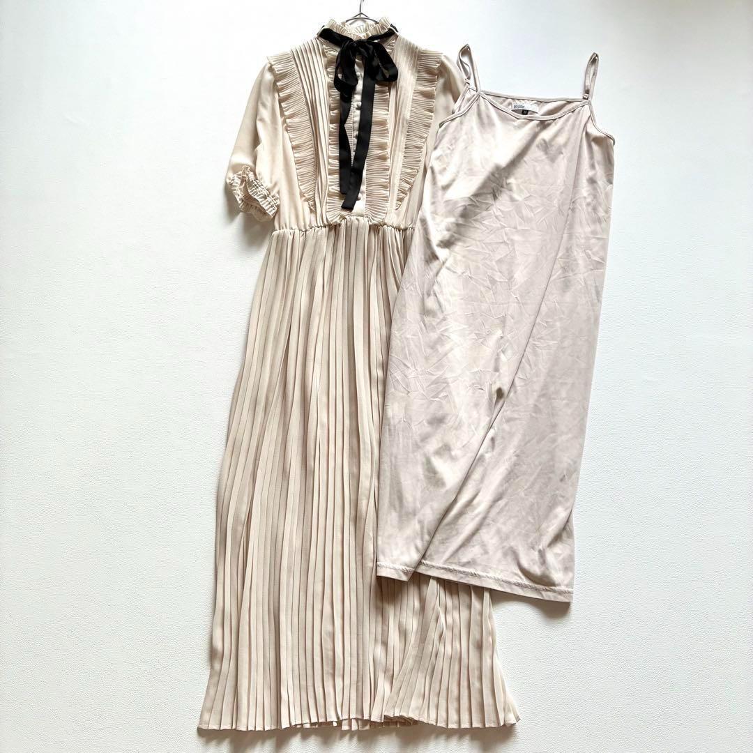 極美品✨DSC ダブスタ　プリーツシフォンボウタイワンピース　インナー付き　38