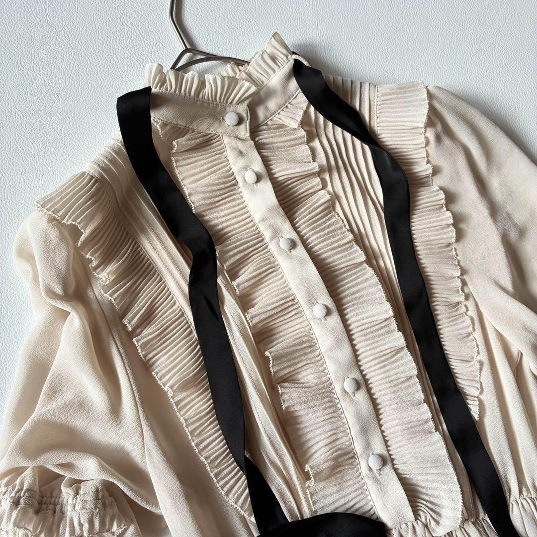 極美品✨DSC ダブスタ　プリーツシフォンボウタイワンピース　インナー付き　38