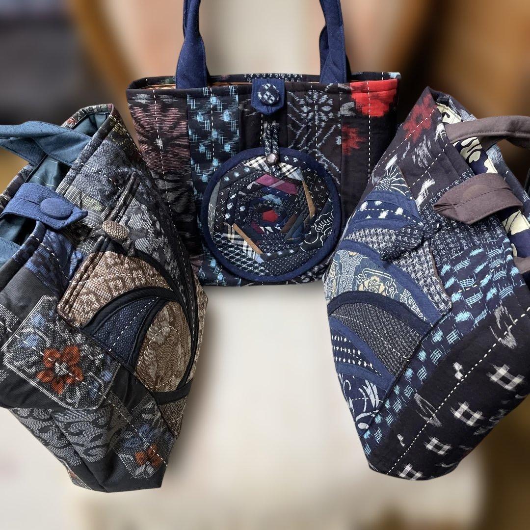 M156 バッグ３点まとめて売り　絣2点　大島1点　古布リメイク