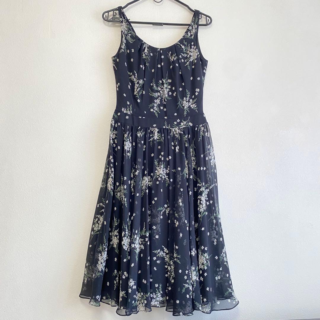 パニエ付き 花柄シフォン×フレアパーティードレス ブラック EPOCA