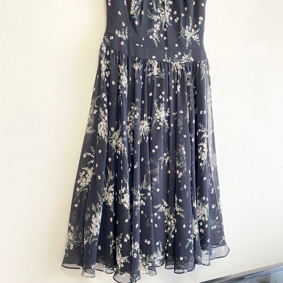 パニエ付き 花柄シフォン×フレアパーティードレス ブラック EPOCA