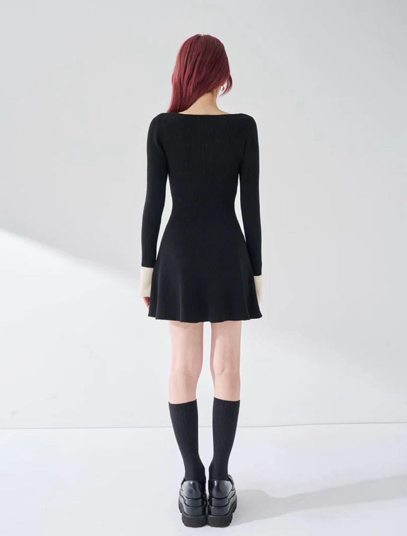 Darich リボンファーフレアニットミニワンピース BLK