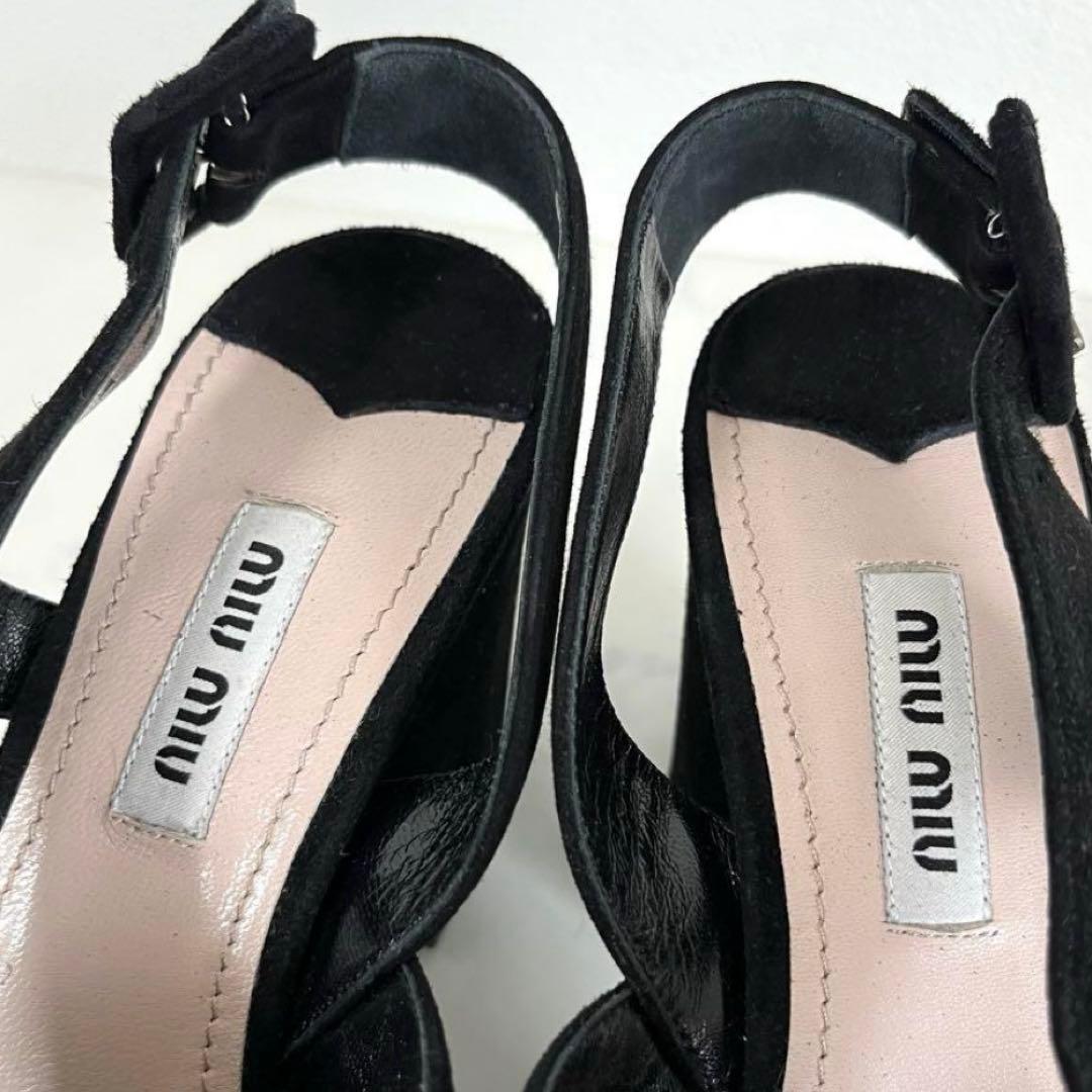 美品 MIUMIU 36.5 ビジュー サンダル チャンキーヒール スエード 黒