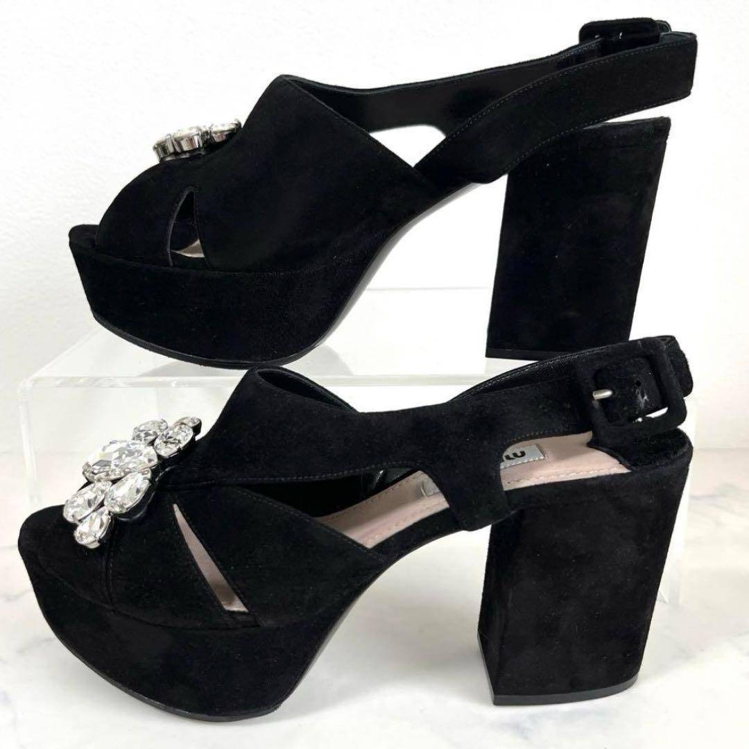 美品 MIUMIU 36.5 ビジュー サンダル チャンキーヒール スエード 黒