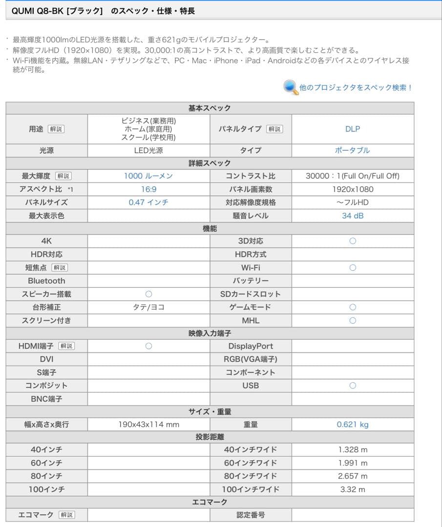 Vivitek LEDモバイルプロジェクター QUMI Q8-BK