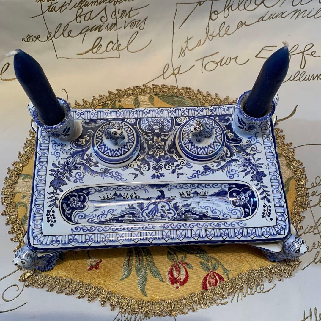 フランス製　破格！ビンテージのルーアン窯のローソク立て付きインク壺プレート！