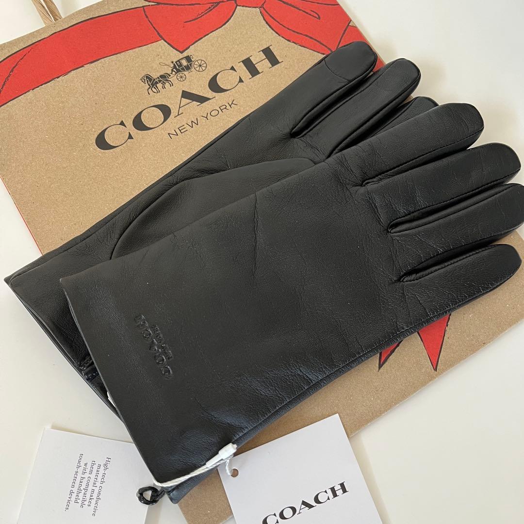 コーチ☆新品☆レザーテック スマホ対応 グローブ 手袋/ブラック 黒 S