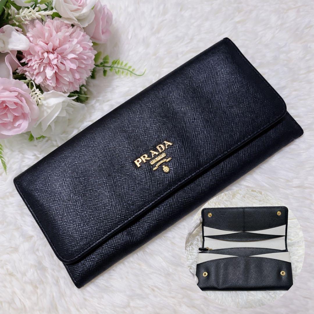 美品✨プラダ バイカラー フラップ 長財布 サフィアーノ ゴールド金具 黒 白