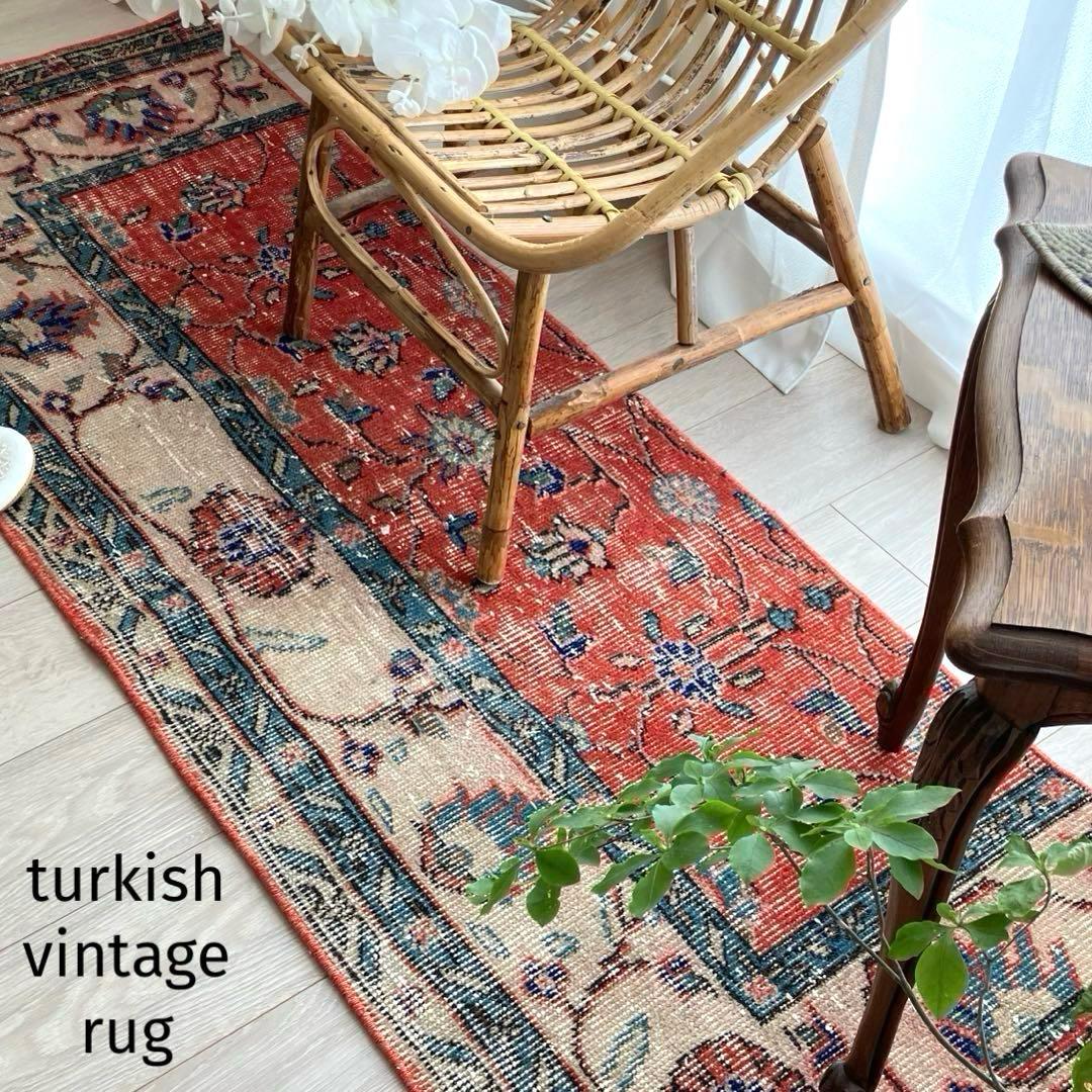 レッド53×163フローラル　ネイビー　ランナー　ロング　トルコヴィンテージラグ