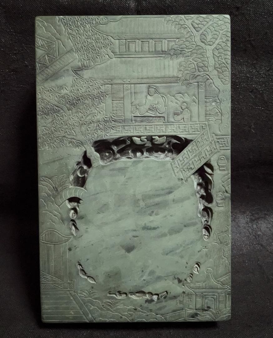 【蘭亭硯】◆五台山緑石の特大加厚硯◆群微点状波紋の潤緑美石◆唐木天地蓋◆王羲之