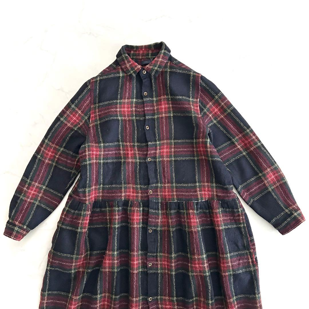暖か イチ ichi チェックギャザーシャツワンピース ウール 黒 ブラック 毛
