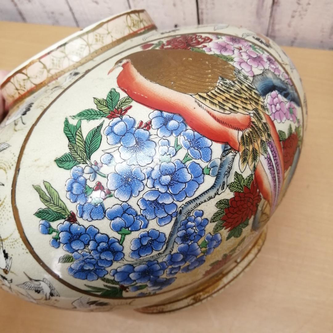 薩摩焼　瀧山作　栄盛窯　飾り壺　壷　金襴手　群鶴文　花鳥図　紋入　置物　飾り物