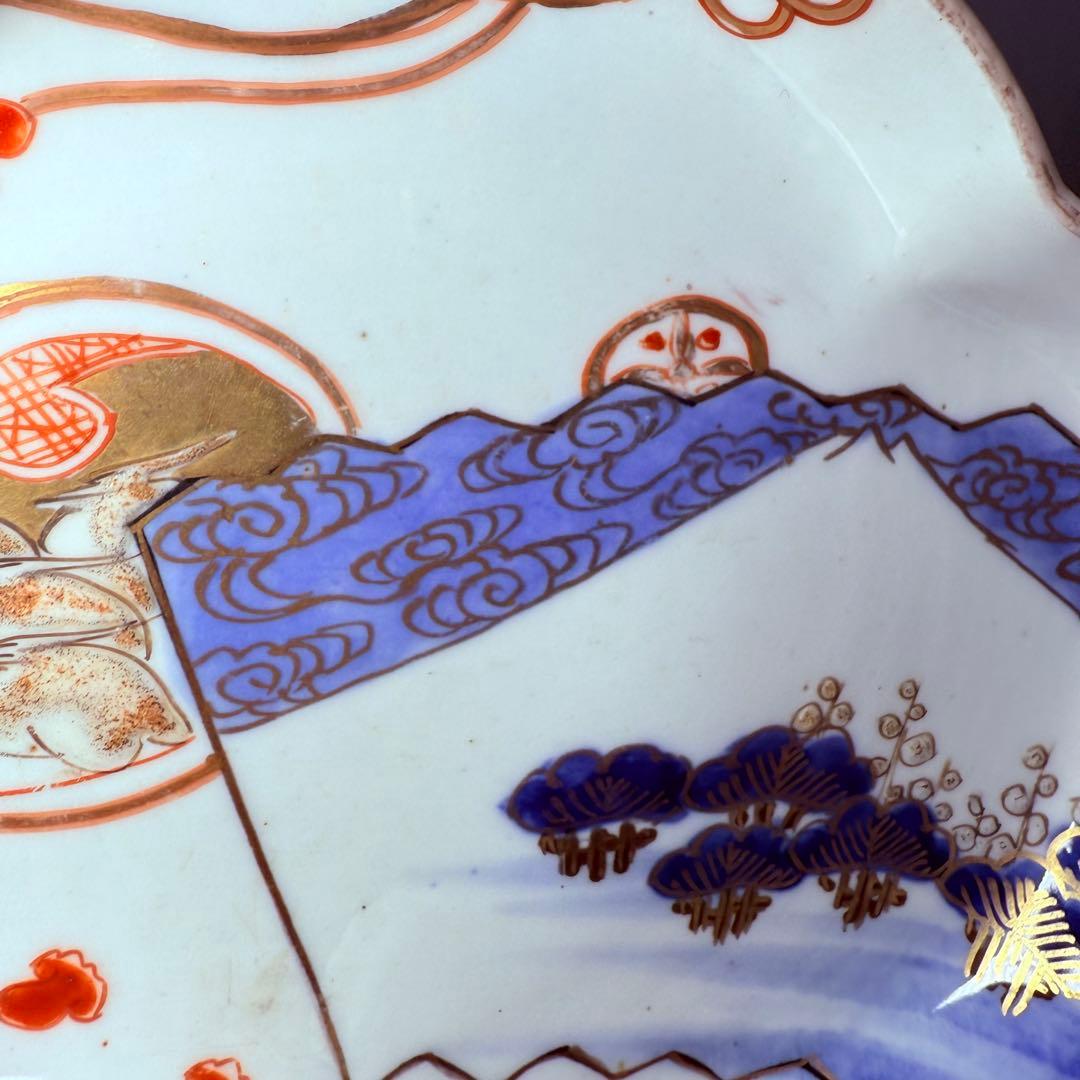 幕末～明治期　角冨　色絵扇絵変形皿　五客　裏千鳥文　金襴手　古器を楽しむ